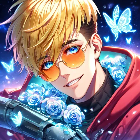 absurdres, highres, ultra detailed, HDR, master piece, best quality, detailed eyes, detailed face, delicated features, Vash, blonde hair, expressive blue eyes, Trigun Stampede, solo, sexy man, handsome, sensual, smiling, adult face, red hooded coat, black ...