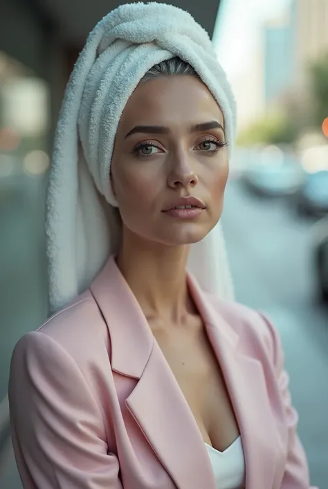 cinematic film still of bright light, bright, A beautiful gray haired youthful looking Hispanic version of Ariana Grande with a white towel  completely covering her head  she is wearing a pink business suit full body view High-key lighti ng Style, 1girl, s...