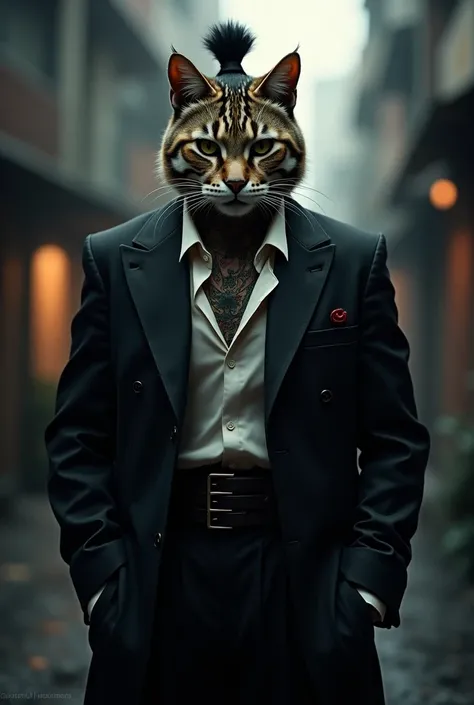 A character who is a cat dressed like a yakuza 