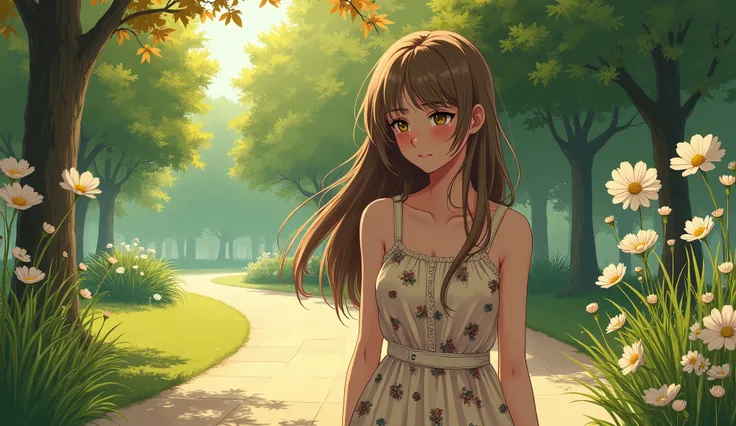 chapter 1: “Walking through the park” General description: • style: Romantic and emotional comics, Focus on detailed facial expressions and a comfortable background.. Scene 1: Sun Hail • Character: • girl, Long light brown hair, She walks in wearing a flor...