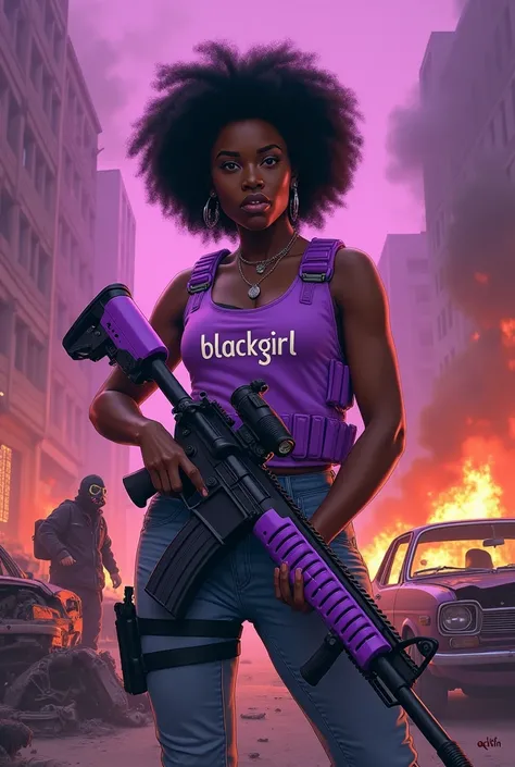 Mulher negra com Black Power, holding a lilac rifle Highlighted in the background word QRTN Wearing a gas mask Background of flames with destroyed cars Wearing a lilac vest Highlighted word Blackgirl