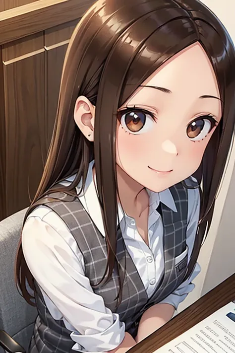 takagi-san、shiny brown hair, long hair,((medium chest、amount、center part:1.2))、 beautiful brown eyes、smile、shining eyes, (fine g...