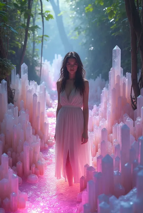 1girl, gorgeous European,quartz crystals,multicolored quartz crystals,large quartz crystals,quartz crystals protruding from ground,quartz crystals lining stream,neon pink stream,light purple stream,lush jungle,full sunlight,breathtakingly beautiful,cinemat...