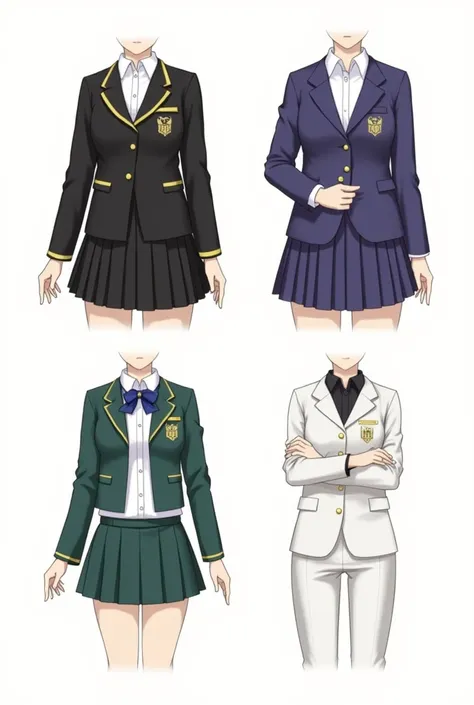 simple school uniform with short skirt and pants, white blouse inside, standardized and little different: four (4) different uniforms 1- black and purple colors, crow symbol 2- gold and blue colors, eagle symbol 3- green and gold colors, wolf symbol 4- whi...