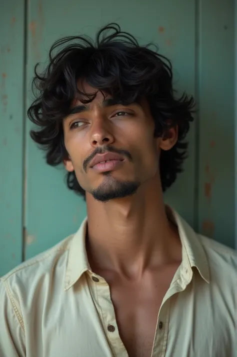 RAW photo, A man of Brazilian appearance, 26years old, Waist-length image in the center of the composition,  Wavy black hair, wearing a white shirt, ((Dirty)), tired expression, blurred background, 8K UHD, soft-lighting, hiquality, Film grain, Fujifilm XT3