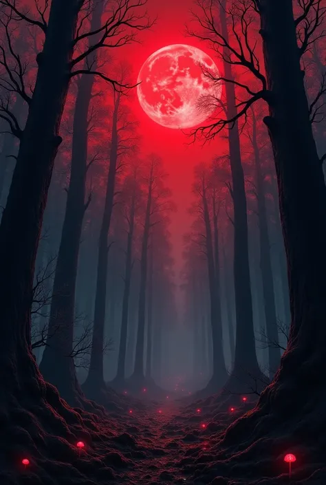 sky and red moon in a forest. red climate