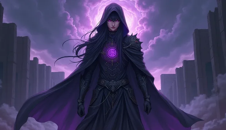 Enigmatic anime magician, appears in the foreground, surrounded by a mystical aura. His dark hood flutters lightly in the wind, as her long, glossy black locks fall over her intricate, shadowy armor, adorned with arcane symbols in purple and silver. Your v...