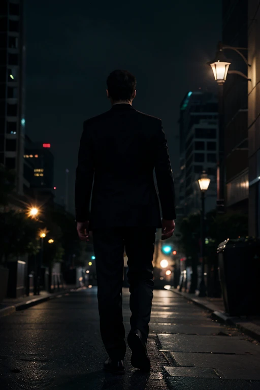 "A man in a business suit walking alone on a dimly lit street at night, with skyscrapers and streetlights in the background."