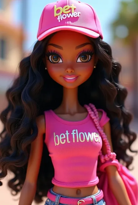 A bratz doll with black hair and brown skin, She is wearing a pink cap that has the word "BET FLOWER" and a PINK top that bears her name " BET FLOWER" and a sack on the shoulder.
The doll can be seen from the navel up