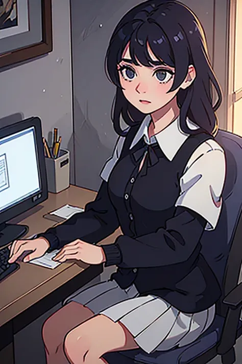 a girl in high school uniform, sitting at a computer, focused on writing, fair skin, black hair, detailed face, beautiful eyes, long eyelashes, elegant posture, natural lighting, trending digital art, realistic, 8k, photorealistic, high quality, dramatic l...