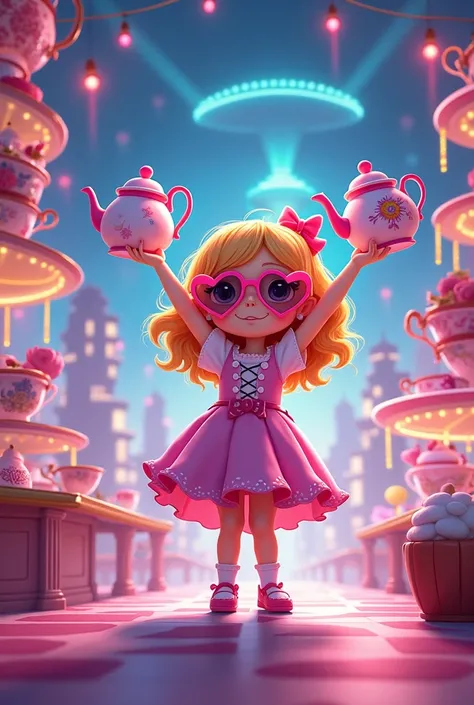 (((beautiful detailed)))(cute face:1.2)1girl, Rococo dress, Teacup tower, Heart Shaped Sunglasses, grin, smirk, rococo-style restaurant lit by colorful neon lights, Tea is poured from two teapots held in both hands from the top of the teacup tower, (sharp ...