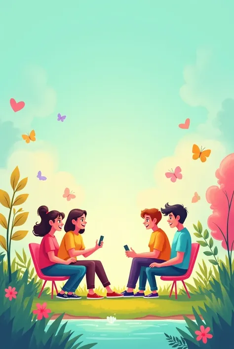 Use a vibrant color palette to create the cover that includes light blue for calm, Mint green for renovation, bright yellow for optimism and soft pink for care. Incorporates cartoons of teenagers in everyday situations, like chatting and laughing, to symbo...