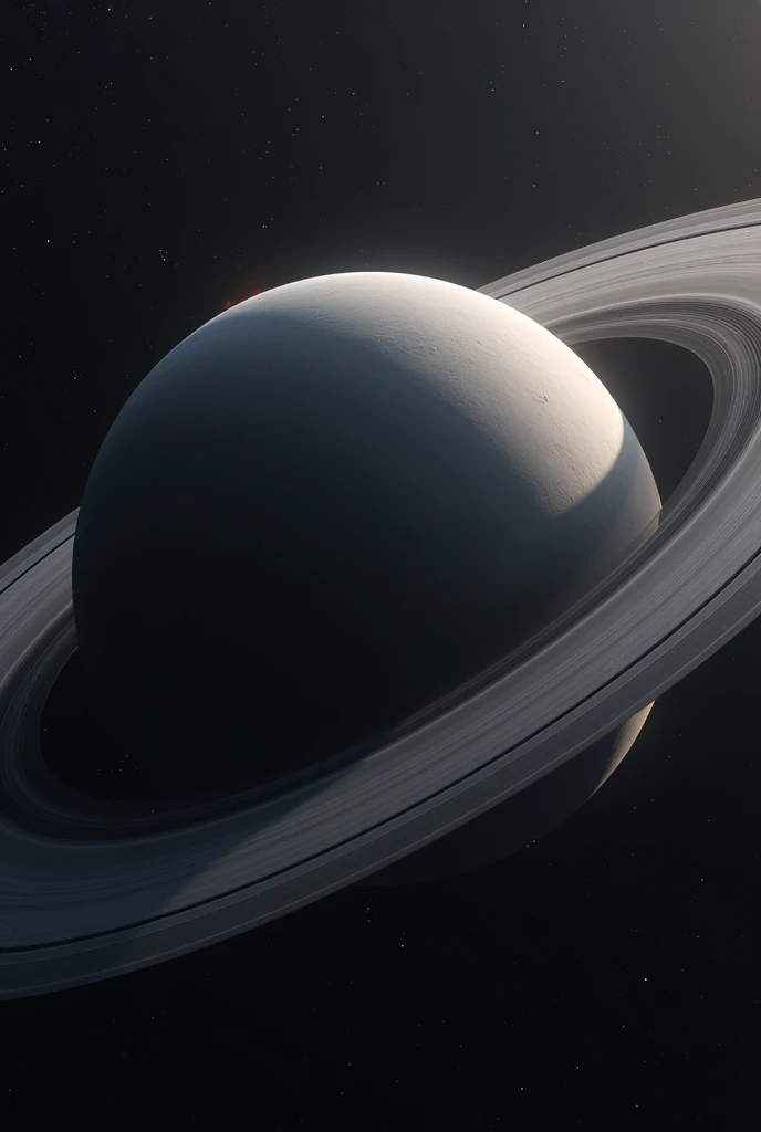 Fantasy, smooth gray planet in space with massive rings originating from its surface, view from space, small orange glow coming from behind , no leftovers