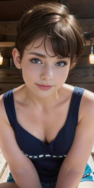 Photo of a  European girl, .RAW, beautiful woman,freckles on cheeks and chest ,beautiful blue eyes(Light brown hair pixie haircut),pixie hair cut ((portrait)), ((detailed face:1.2)), ((Detailed facial features)), (finely detailed skin) ,cute makeup, Purple...