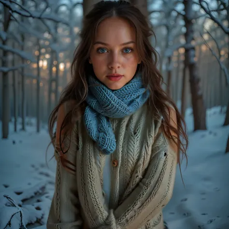 a woman in a cozy knitted sweater and scarf, winter forest scene, snow covered trees, warm lighting, detailed facial features, b...