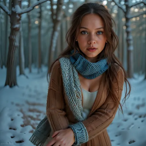 a woman in a cozy knitted sweater and scarf, winter forest scene, snow covered trees, warm lighting, detailed facial features, b...