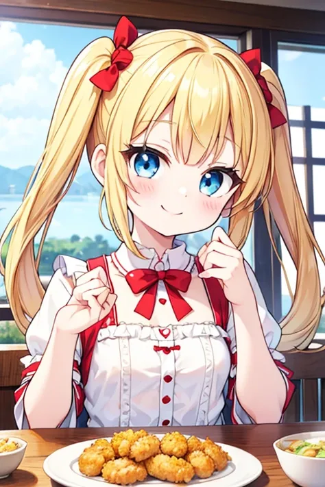 A happy smile, Fried shrimp,Tempura,temdon,Highest quality,Blonde with blue eyes、Lolita、Small breasts、Twin tails、girl&#39;enjoy,smile,bonnet,