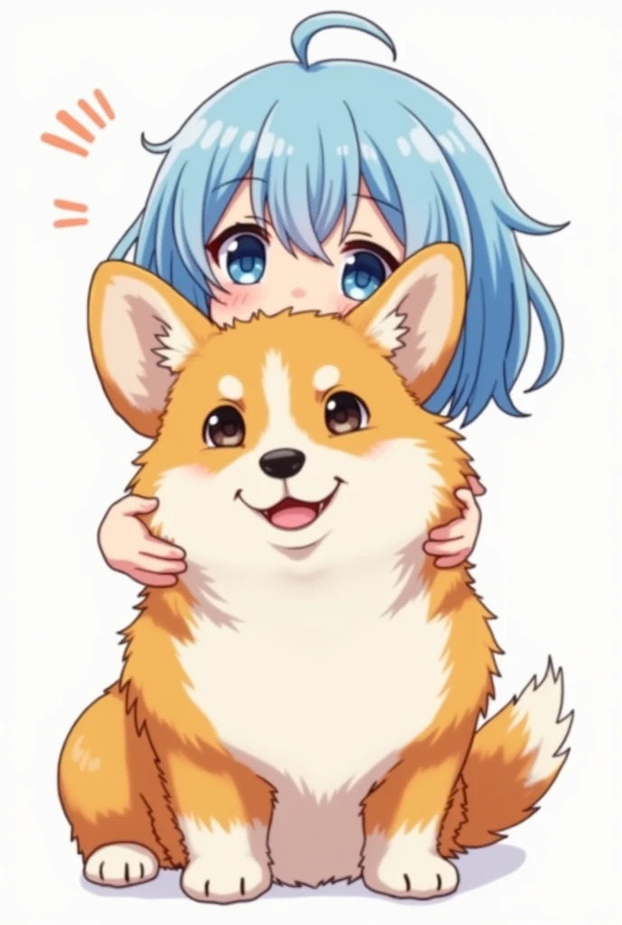 anime corgi dog，expression of tenderness, without antecedents, without antecedents, white background, Girl with short blue hair and blue eyes., burst, close up