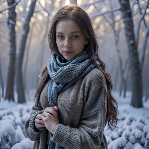 a woman in a cozy knitted sweater and scarf, winter forest scene, snow covered trees, warm lighting, detailed facial features, b...