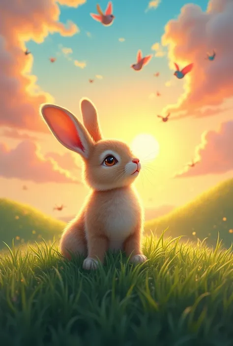 "Create an image of a little rabbit sitting on a green hill, looking at the sky at dawn. in the sky, colorful birds fly high, with the sun rising in the background and painting the sky with shades of orange and pink. The rabbit looks dreamy, with bright ey...