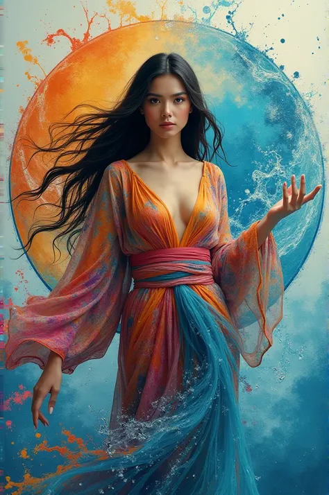 Photo of a beautiful woman,with long flowing hair, wearing a mix color kimono,and his hands seem to be showing KK an,knowledge,a name , ARINA HANNA,made of colorful water splashes, finished circular element, very beautiful 