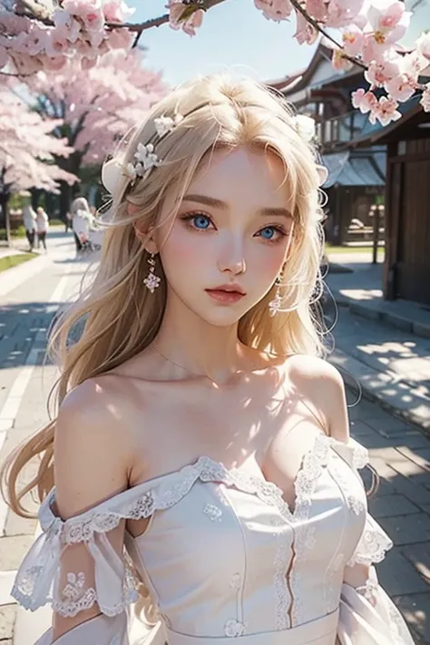 High definition, Best quality, Beautiful woman, Ultra-detailed, white skin, pale skin, Blonde long hair, white cloud background, sunshine, white dress, Off shoulder, Blue eyes, Vivid colors, Brilliant sunshine, Perfect proportions of body structure, chest,...