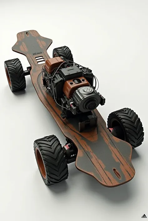 A skateboard that runs on a gasoline engine and has 2 wheels