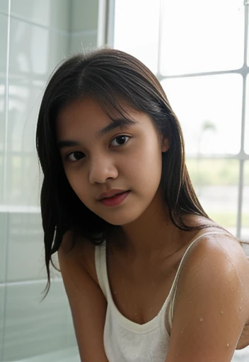 Cute indonesian  Girl, nineteen years old, nice body, cute indonesian face, brown skin, innocent, happy, sharp eyes focus, sexy pose, shower, wet body, wet hair,  happy, sleeveless shirt