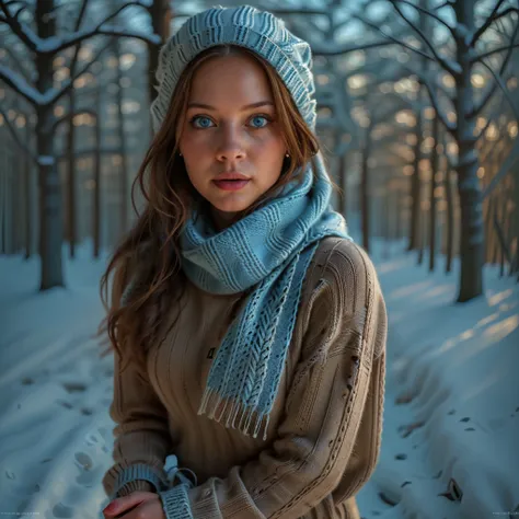 a woman in a cozy knitted sweater and scarf, winter forest scene, snow covered trees, warm lighting, detailed facial features, b...