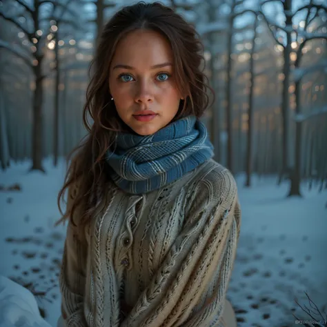 a woman in a cozy knitted sweater and scarf, winter forest scene, snow covered trees, warm lighting, detailed facial features, b...