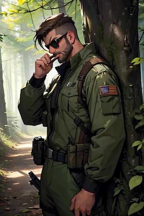 male character, soldier of approximately 3, brown haired, combed back, short brown beard, wearing rayban aviator style sunglasses, smoking a cigarette, wearing a woodland camouflage military clothing set, using a MK18 carbine weapon in his hands , and on t...