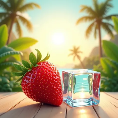 Strawberry next to ice cube tropical background with sun 