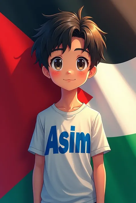 Palestine flag background + anime boy with Asim name t-shirt in blue colour text must