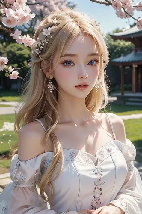 High definition, Best quality, Beautiful woman, Ultra-detailed, white skin, pale skin, Blonde long hair, white cloud background, sunshine, flower dress, Off shoulder, See-through, blue eyes, Vivid colors, dazzling sunlight, Perfect proportions of body stru...