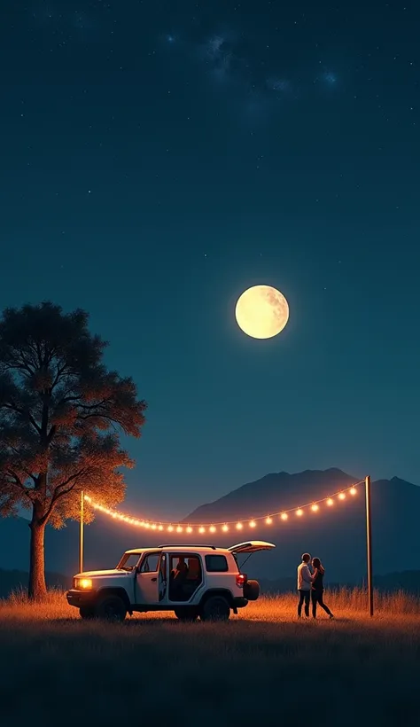 An evening outdoor scene in a rural area under a dark blue starry sky. A large full moon glows warmly, casting soft light over the landscape. In the middle ground, a lone tree stands tall next to an SUV with its door open. A couple stands by the vehicle, i...