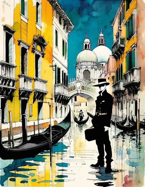 Corto Maltese character in Venice, art inspired by Bill Sienkiewicz and Dave McKean
