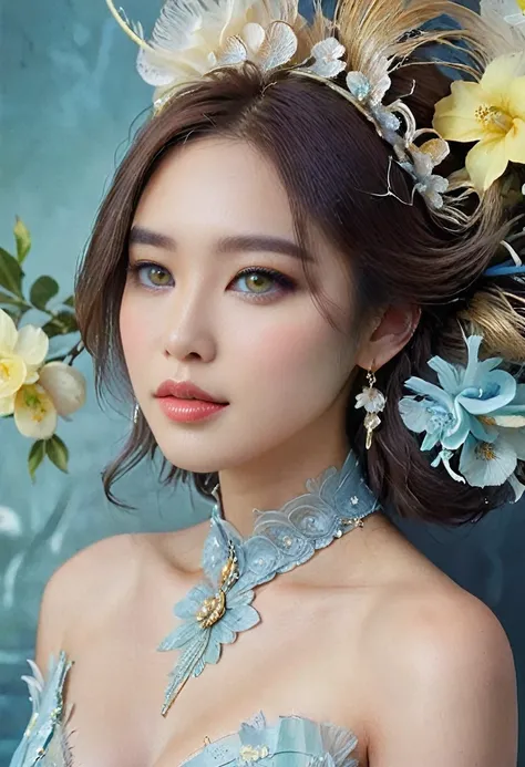 A stunning studio portrait of a Korean girl with a soft and delicate face and long hair tied back, flower in her hair, marked makeup, lipstick and mascara, dress adorned with light blue feather accessories. Her light green eyes are clear and expressive, hi...