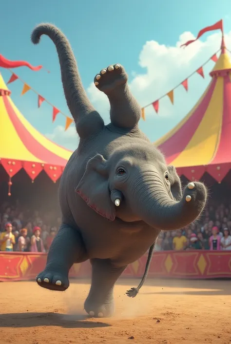 an elephant doing a somersault in the circus