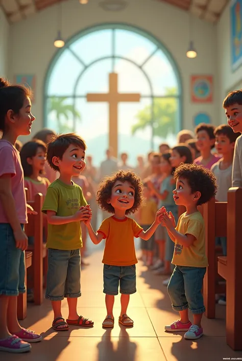 Create an image of the Christian congregation in Brazil with happy children. The church cannot have a cross or elements of the Catholic church 