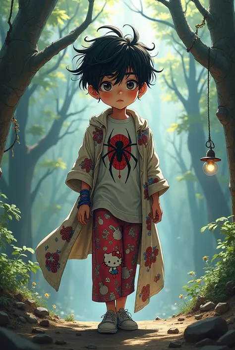  An 1 boy with messy black hair, a long spiderman shirt and hello kitty pants, Stay at the Jiu-Jitsu Kaisen