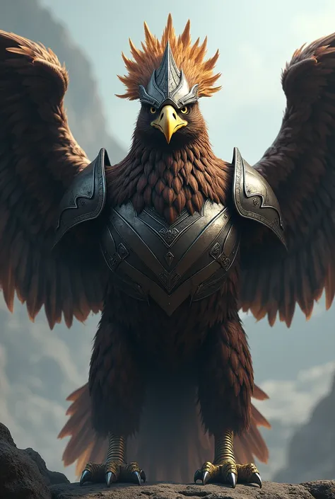 Eagle (perfect correct anatomy) Armor on the body, Claws reinforced with iron blades, wings sound, helmet with feather