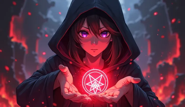 Anime mage with face illuminated by an intense red glow that erupts from her hands, while casting a powerful spell. Your fingers are delicately positioned, forming an arcane symbol in the air, as a vibrant, red energy builds up around you. The dark hood fl...