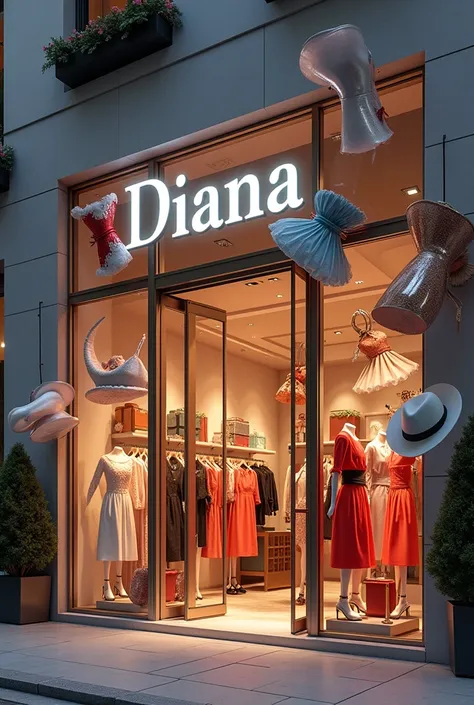 a variety of ladies clothes flying around the word DIANA store in 3D render and lighting style