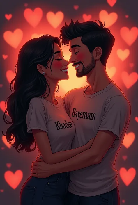 Une homme et une femme qui sembrassent. Each of them is wearing a T-shirt. Celui de lhomme est écrit BAYEMASS et celui de la femme est écrit KHADIJA. The environment is surrounded by hearts and the background is a bit dark. Les deux visages sont joyeux