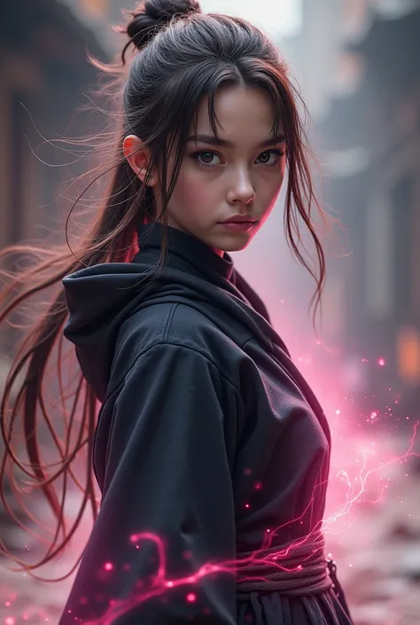 Girl with brown hair and white streaks, long, dark brown eyes, white skin, willing, dressed as a ninja and with a pink aura. In good quality and full body