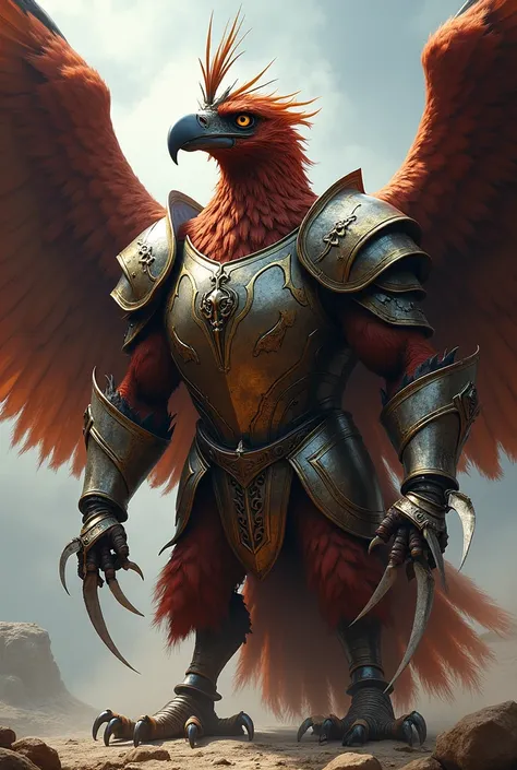 Eagle (perfect correct anatomy)Plate armor on the body, Claws reinforced with iron blades, wings sound, helmet with feather