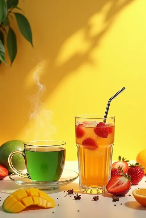 A cup of steaming tea with ingredients around it (mango, tangerine, spices) and a glass with iced tea and strawberries both well lit, with vibrant shades of yellow, orange and green. place the elegant and transparent glass cup with translucent green tea wi...