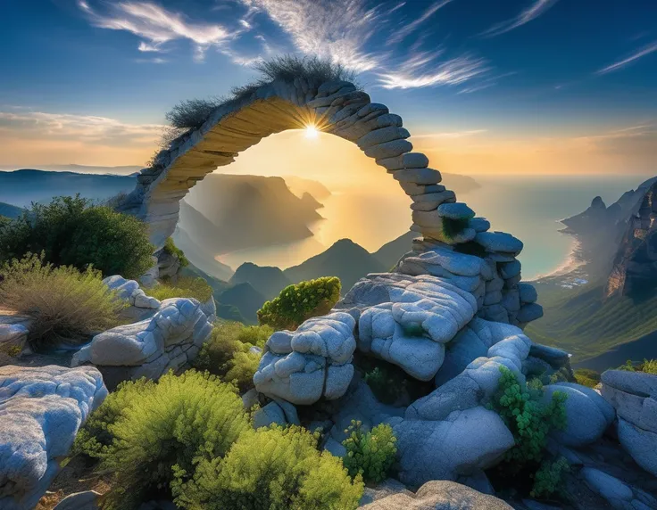 Overlook Fantastical falesias arches, narural stone bows rocks, bokeh horizon , marble natural, lush, high fantasy  , by Moebius, Max Ernst,  Juan Gimenez,  Alan Lee, Marc Adamus.  Raw :: professional photography, National Geographic 