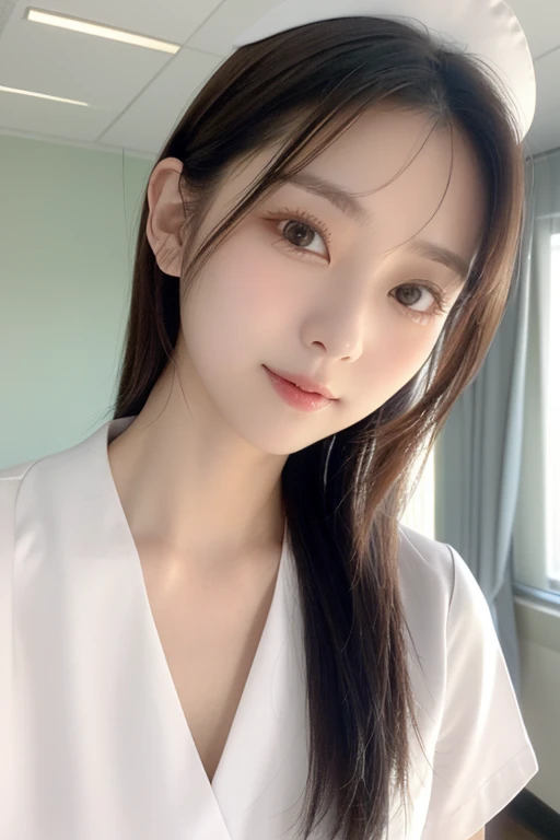 (Tabletop,highest quality,16k,Ultra-high resolution)、(One beautiful nurse:1.1),(The perfect white nurse uniform:1.1),beautiful hair,Accurate anatomy,(very bright white lighting:1.1),(Close-up of face:1.3),Spectacular Cinema Lighting,Tyndall effect,(standin...