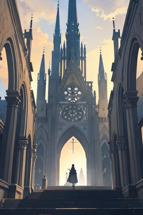 Exterior of an empty cathedral　Looking up from the front entrance　Middle Eastern and Gothic　White as the base color　Spire　8th floor　Solemn atmosphere　setting sun　The background is a modern city and a cloudy sky